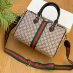 Gucci-Style Boston Bag with Web Stripe and GG Logo light brown color
