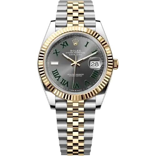 Rolex Datejust 41 Rolesor Two-Tone watch, Oystersteel and 18ct yellow gold bracelet, slate grey dial with green Roman numerals, fluted gold bezel, 41mm.