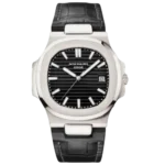 Patek Philippe Nautilus watch, Steel case, Black Dial, Black Genuine Leather integrated strap, 40mm.