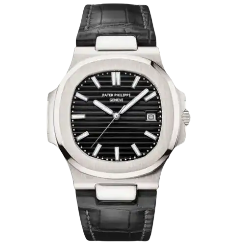 Patek Philippe Nautilus watch, Steel case, Black Dial, Black Genuine Leather integrated strap, 40mm.