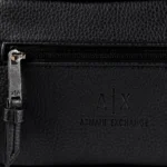 Armani Exchange Handbag: Black genuine leather AX print logo handbag with adjustable strap and 21x17 cm compact dimensions.