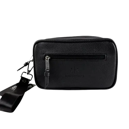 Armani Exchange Handbag: Black genuine leather AX print logo handbag with adjustable strap and 21x17 cm compact dimensions.