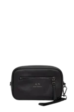 Armani Exchange Handbag: Black 100% leather AX print logo handbag with adjustable strap and compact 21x17 cm dimensions