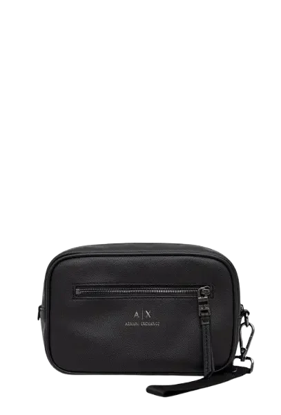 Armani Exchange Handbag: Black 100% leather AX print logo handbag with adjustable strap and compact 21x17 cm dimensions