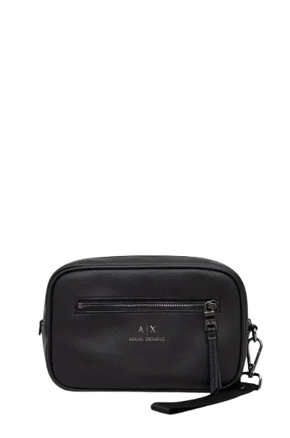 Armani Exchange Handbag: Black 100% leather AX print logo handbag with adjustable strap and compact 21x17 cm dimensions