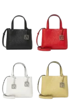 Armani Exchange AX embossed logo mini tote bag collection in black, white, red, and yellow with silver logo charm.