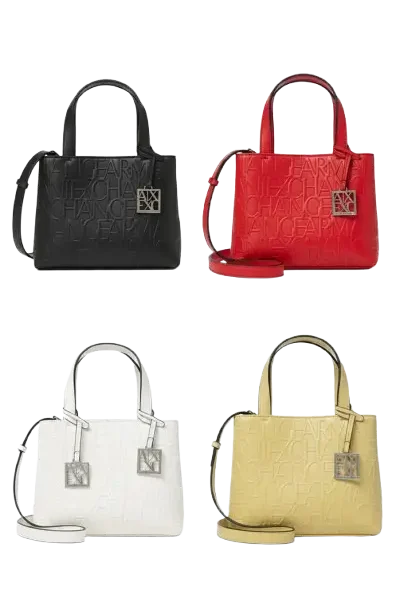 Armani Exchange AX embossed logo mini tote bag collection in black, white, red, and yellow with silver logo charm.