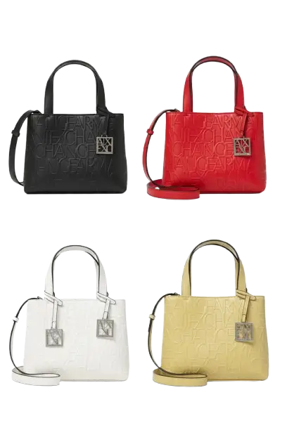 Armani Exchange AX embossed logo mini tote bag collection in black, white, red, and yellow with silver logo charm.