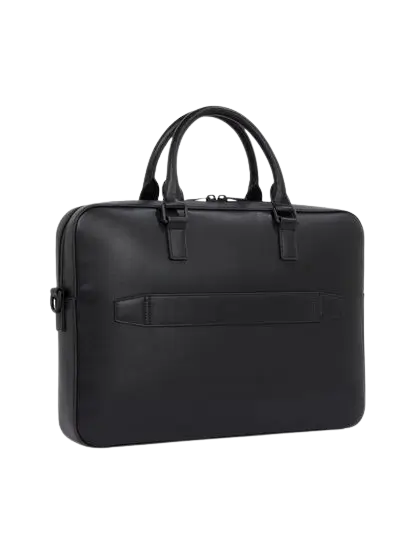 Tommy Hilfiger Briefcase: Professional black 100% leather briefcase with padded laptop sleeve, metallic hardware, and top handles.