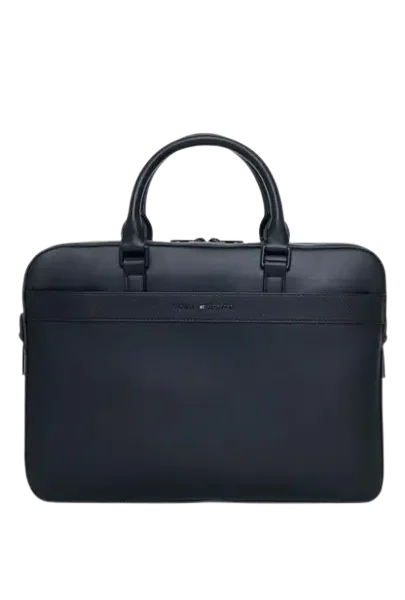 Tommy Hilfiger Briefcase: Professional black 100% leather briefcase with padded laptop sleeve, metallic hardware, and top handles.