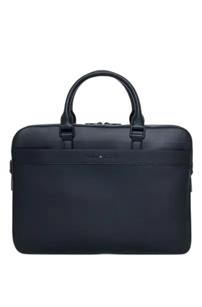 Tommy Hilfiger Briefcase: Professional black 100% leather briefcase with padded laptop sleeve, metallic hardware, and top handles.