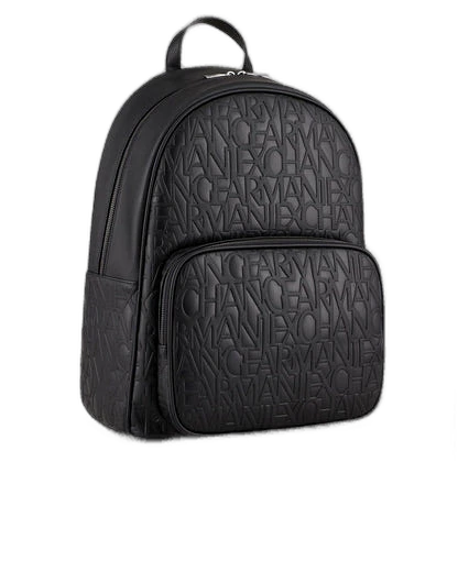Armani Exchange AX men's backpack, black genuine leather with embossed all-over logo, front zipper pocket, structured urban design.