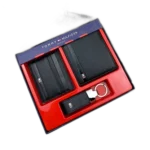 Tommy Hilfiger men's 3-piece gift set, pebbled black leather bifold wallet, matching cardholder with multiple slots, leather keychain with metal ring, signature gift box.