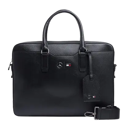 Tommy Hilfiger Business Bag: Black 100% leather TH x Mercedes-Benz edition briefcase with padded laptop sleeve and dual logo branding.