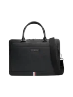 Tommy Hilfiger Laptop Bag: Black 100% leather business briefcase with padded laptop sleeve, top handles, and metallic TH logo.