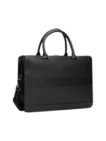 Tommy Hilfiger Laptop Bag: Black 100% leather business briefcase with padded laptop sleeve, top handles, and metallic TH logo.