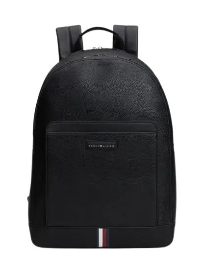 Tommy Hilfiger Backpack: Professional black 100% leather business backpack with laptop sleeve and 46cm height for executives.
