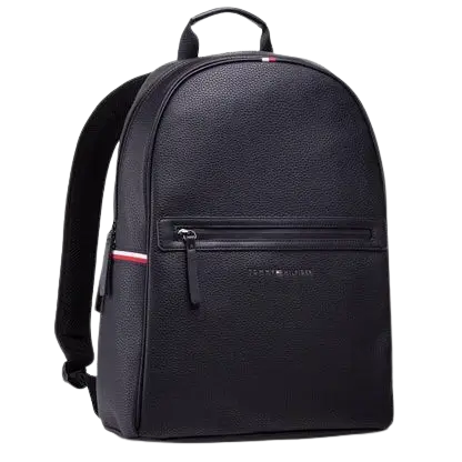 Tommy Hilfiger Backpack: 100% black genuine leather TH Essential backpack with large 45 x 38 cm capacity and metallic hardware.