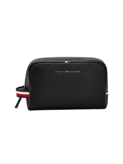 Tommy Hilfiger Handbag: Men’s black 100% leather small handbag with adjustable strap and 22x17 cm size for daily essentials.