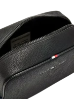 Tommy Hilfiger Handbag: Men’s black 100% leather small handbag with adjustable strap and 22x17 cm size for daily essentials.