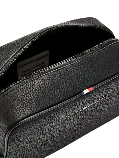 Tommy Hilfiger Handbag: Men’s black 100% leather small handbag with adjustable strap and 22x17 cm size for daily essentials.