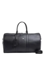 Tommy Hilfiger Travel Bag: Large black 100% leather duffle travel bag with reinforced handles and 51cm length for weekend trips.