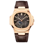 Patek Philippe Nautilus: 5712R-001 18K rose gold watch with moon phase, black-brown dial, and brown alligator leather strap.