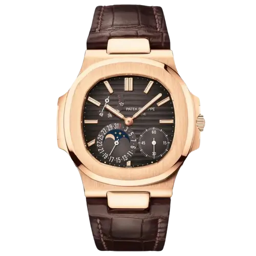 Patek Philippe Nautilus: 5712R-001 18K rose gold watch with moon phase, black-brown dial, and brown alligator leather strap.