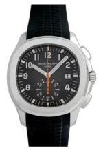 Patek Philippe Aquanaut: 5968A-001 chronograph steel watch with orange rubber strap and black embossed dial.