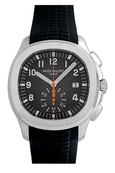 Patek Philippe Aquanaut: 5968A-001 chronograph steel watch with orange rubber strap and black embossed dial.