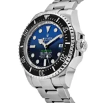 Rolex Deepsea: Luxury professional watch with blue gradient dial, silver Oystersteel bracelet, and black ceramic bezel.
