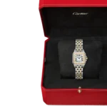 5 Stunning views of the legendary Cartier Panthère Watch in two-tone gold and steel with a blue spinel crown and silver dial.