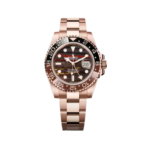 "5 Breathtaking views of the iconic Rolex GMT-Master II Watch with copper dial and rose gold stainless steel strap, showcasing its 40mm luxury design."