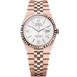 "5 Breathtaking close-up angles of the iconic Rolex Land-Dweller 36 in 18k Everose gold, featuring the incredible white honeycomb dial and rose gold Jubilee bracelet."