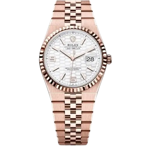 "5 Breathtaking close-up angles of the iconic Rolex Land-Dweller 36 in 18k Everose gold, featuring the incredible white honeycomb dial and rose gold Jubilee bracelet."