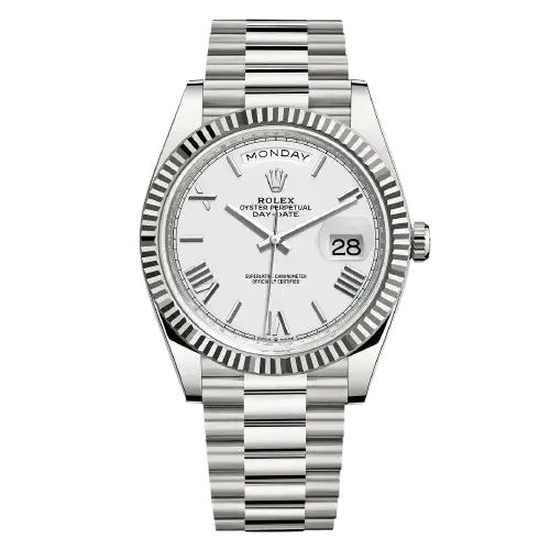 "5 Breathtaking views of the legendary Rolex Day-Date Watch in silver stainless steel, featuring the iconic silver dial and 41mm mirror original design."