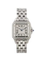 7 Stunning views of the legendary Cartier Panthère Watch in 30mm steel featuring a white dial and blue steel hands for luxury fashion.