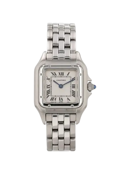 7 Stunning views of the legendary Cartier Panthère Watch in 30mm steel featuring a white dial and blue steel hands for luxury fashion.