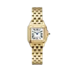 7 Breathtaking views of the iconic Cartier Panthère Watch in gold tone with a blue sapphire crown and silvered dial.