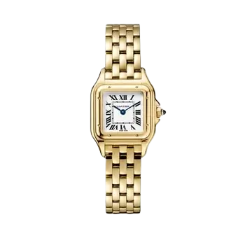 7 Breathtaking views of the iconic Cartier Panthère Watch in gold tone with a blue sapphire crown and silvered dial.