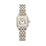 5 Stunning views of the legendary Cartier Panthère Watch in two-tone gold and steel with a blue spinel crown and silver dial.