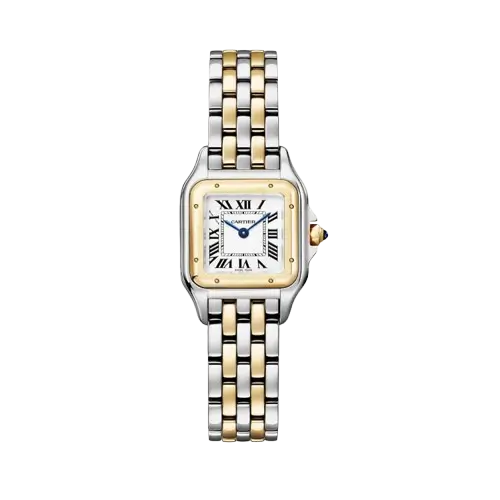 5 Stunning views of the legendary Cartier Panthère Watch in two-tone gold and steel with a blue spinel crown and silver dial.