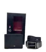 Tommy Hilfiger Gift Set: Black 100% leather belt and wallet set with Mercedes-Benz and TH logos in a luxury presentation box.