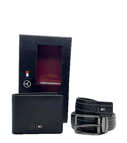 Tommy Hilfiger Gift Set: Black 100% leather belt and wallet set with Mercedes-Benz and TH logos in a luxury presentation box.