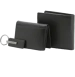 Calvin Klein Gift Set: 3-piece black 100% leather set including bifold wallet, slim cardholder, and logo keychain in a luxury gift box.