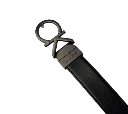 Calvin Klein Belt: Black genuine leather belt with metallic CK logo buckle and 120 cm length for men's professional and casual fashion.