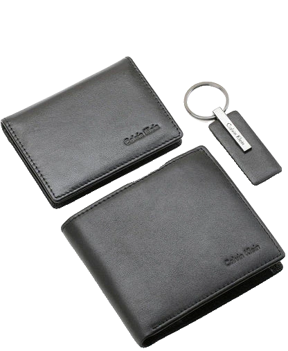 Calvin Klein Gift Set: 3-piece black 100% leather set including bifold wallet, slim cardholder, and logo keychain in a luxury gift box.