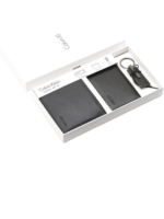 Calvin Klein Gift Set: 3-piece black 100% leather set including bifold wallet, slim cardholder, and logo keychain in a luxury gift box.