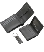 Calvin Klein Gift Set: 3-piece black 100% leather set including bifold wallet, slim cardholder, and logo keychain in a luxury gift box.