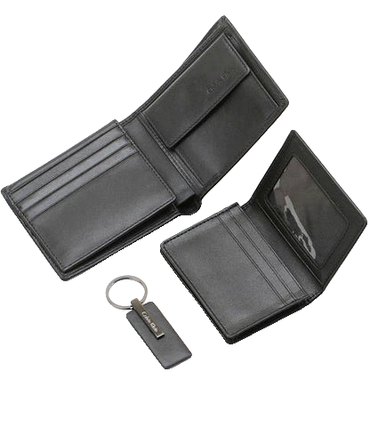 Calvin Klein Gift Set: 3-piece black 100% leather set including bifold wallet, slim cardholder, and logo keychain in a luxury gift box.